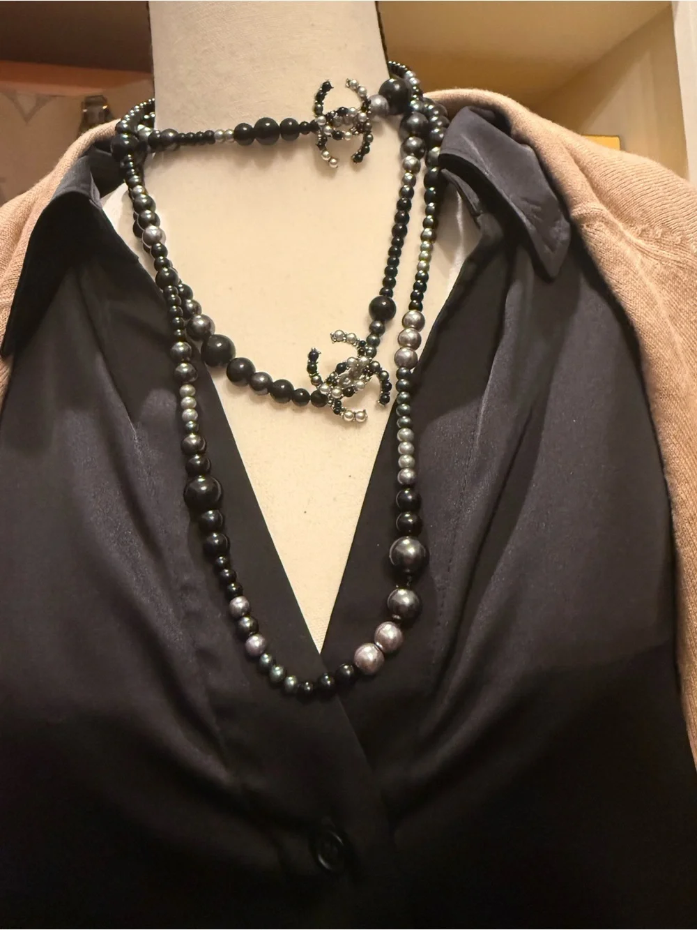 CHANEL Long Black and Silver Beaded Necklace with Pearl Accents